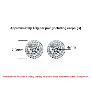 Detailed view of S925 sterling silver halo stud earrings with 7.3mm diameter measurement