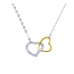 Elegant S925 silver and gold interlocking double heart pendant necklace with zircons