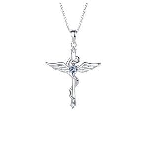Collar de cruz de ángel de plata de ley 925 con colgante de corazón y alas