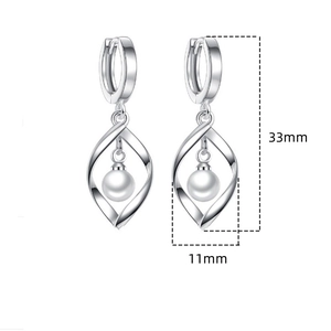 Detailed size parameters of 33mm by 11mm for long silver leaf pearl earrings