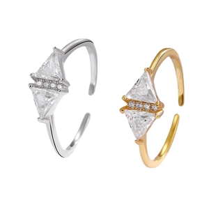 Adjustable S925 silver rings with geometric triangle zircon in gold and silver finish