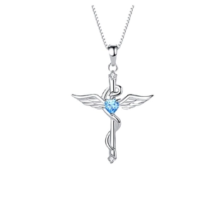 Collar cruz de plata 925 con gema azul de corazón y colgante de caduceo médico