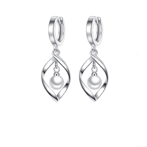 Elegant S925 sterling silver drop earrings with twisted metal frames and white pearls
