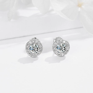 Classic S925 sterling silver halo stud earrings with brilliant zircon and white flower petals