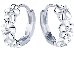Elegant 925 sterling silver hoop earrings with floral zircon patterns on white backdrop