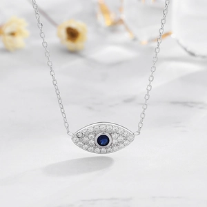S925 sterling silver Evil Eye necklace with sparkling cubic zirconia and blue center stone