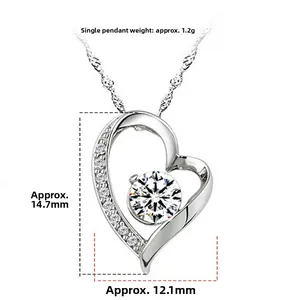 Detail view of S925 sterling silver heart pendant with dimensions 14.7mm x 12.1mm