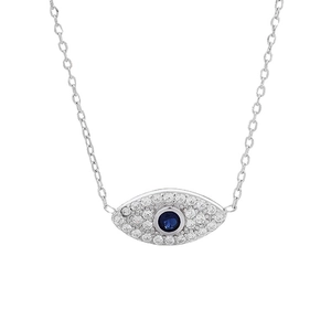 S925 sterling silver evil eye necklace with pavé diamonds and deep blue center stone