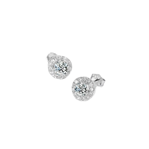Elegant S925 sterling silver round stud earrings featuring a sparkling halo cubic zirconia