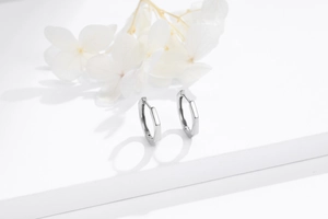 Detailed view of silver S925 sterling silver hexagonal hoop earrings on white background