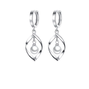 S925 sterling silver drop earrings with twisted leaf frame and white pearl center
