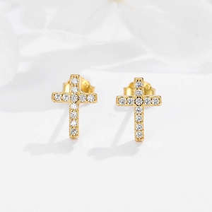 Elegant gold S925 sterling silver cross stud earrings with sparkling cubic zirconia stones