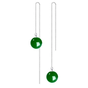 Close-up of S925 sterling silver drop earrings with smooth green agate beads on chains