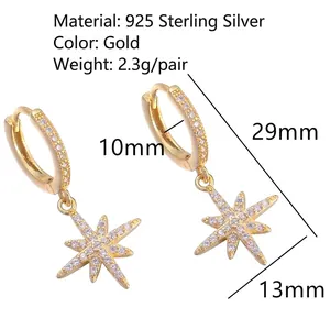 Elegant 925 sterling silver gold plated star hoop earrings with sparkling zircon stones