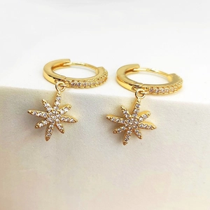 925 Sterling Silver Gold Plated Zirconia Eight Pointed Star Hoop Earrings For Women Elegant Polaris Star Dangle Ear Buckle