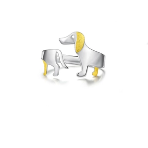 Vintage 925 Sterling Silver Dachshund Dog Open Ring For Women Bi-color Gold Silver Plated Adjustable Puppy Animal Jewelry Ring