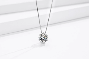 Detailed close-up of S925 silver six-prong crown pendant necklace with round zircon stone