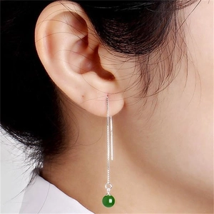 S925 sterling silver long tassel threader earrings with green agate bead on model