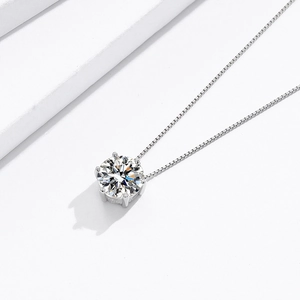 Classic S925 silver six-prong crown necklace with a brilliant round zirconia pendant