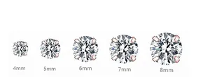 Size comparison chart showing 4mm to 8mm rose gold zircon stud earrings with four-prong setting