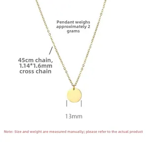 Detailed specs showing 13mm round gold pendant with 45cm cable chain and 2g weight