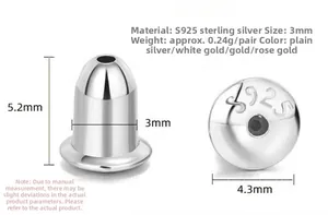 Detailed macro view of 3mm S925 sterling silver bullet earring backs in four metallic colors