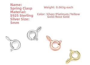 Dettaglio di fermagli a molla da 5mm in argento 925 in quattro diverse finiture metalliche