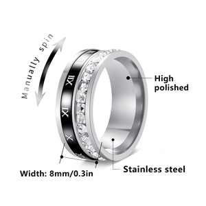 Rotating stainless steel roman numeral ring with cz stones in 8mm width