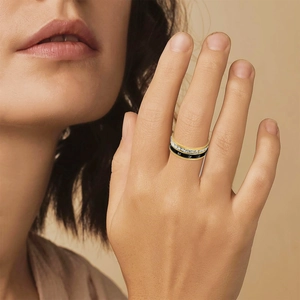 Three-layer stacked roman numeral spinner ring with gold, black matte and crystal pavé bands
