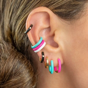 Close-up of S925 silver colorful enamel ear cuffs and small hoop earrings set