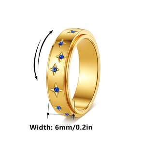 6mm gouden spinner ring met sterreliëf en blauwe steen, stressverlichtende ring