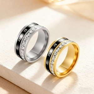 Rotating roman numeral titanium steel rings with cubic zirconia inlay in gold and silver