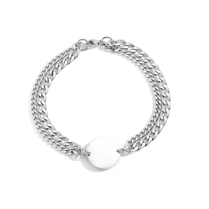 Polished stainless steel double-layer chain bracelet with customizable round tag charm