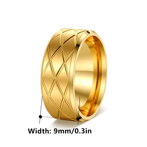 Polished gold stainless steel wide band ring with geometric quilted diamond pattern
