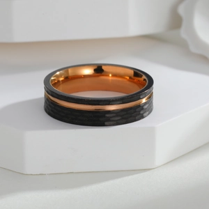 Hammered black 304 stainless steel ring with rose gold groove and inner lining for men