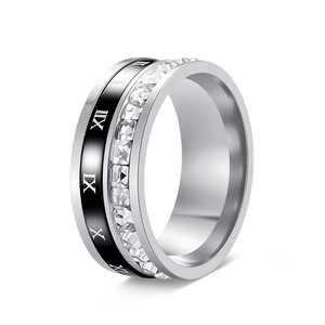 Detail of rotating roman numeral ring with square zircon inlays and silver finish