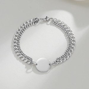 Stainless Steel Double Layer Curb Chain Bracelet With Polished Round Disc Minimalist Geometric Jewelry For Women Men