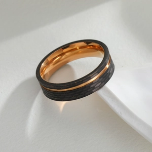 6mm hammered black stainless steel ring with rose gold groove and interior finish
