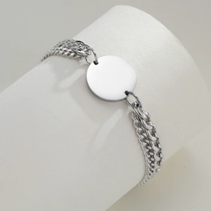 Double-layered stainless steel curb chain bracelet with a polished round custom tag