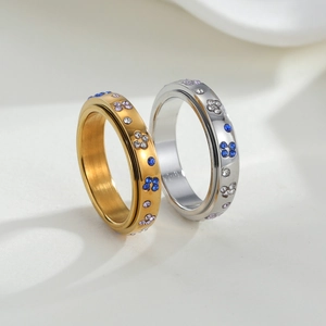 Stainless Steel Spinner Fidget Ring For Women Butterfly Flower Colorful Rhinestone Rotating Stress Relief Fashion Jewelry