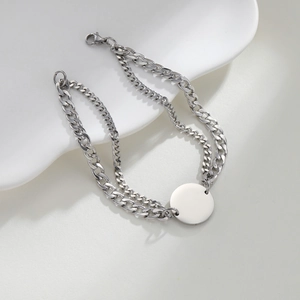 Silver double-layer stainless steel Cuban chain bracelet with a round blank pendant tag