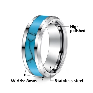 Macro detail of 8mm stainless steel ring featuring high polished finish and turquoise inlay