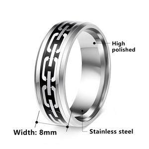 Men's 8mm stainless steel ring with polished finish and black chain link pattern