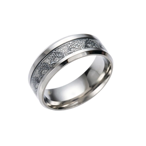 Polished silver stainless steel ring featuring a dark grey frosted dolphin pattern inlay