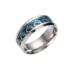 Silver stainless steel ring with blue glitter inlay and golden dolphin patterns