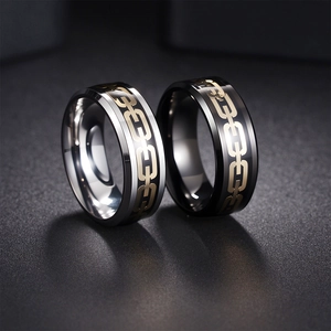 Mens stainless steel geometric cutout chain rings in silver and black with gold accents