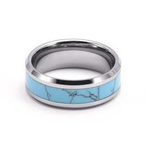 Classic titanium couple ring with silver band and turquoise marble inlay on white backdrop