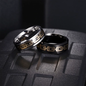 Polished stainless steel geometric chain link rings for men in black and silver