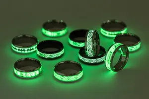 Detailed view of luminous stainless steel rings with green glow and intricate patterns