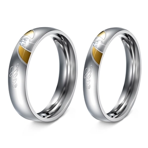 Stainless Steel Couple Rings Rhinestone Inlaid Heart Patchwork Engraved Real Love Wedding Band Jewelry Gift For Lovers